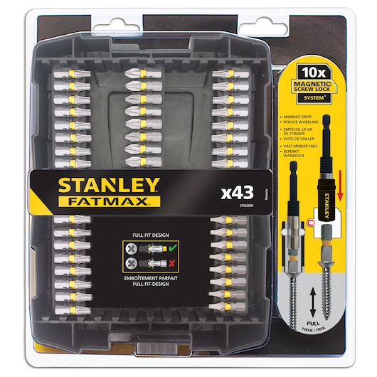 STANLEY STA62600 screwdriver bit set FATMAX, 43-piece, front angle, in plastic case with yellow accents.