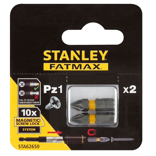 STANLEY STA62650 screwdriver bits pack, two Pz1 bits, front view on white background.