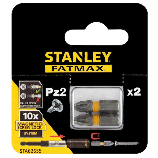 Stanley STA62655 Fatmax Pz2 screw lock bits pack of 2, front angle on white background.
