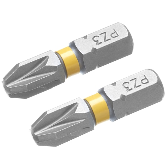 STANLEY STA62660 screwdriver bits PZ3, silver color with yellow ring, close-up on white background.