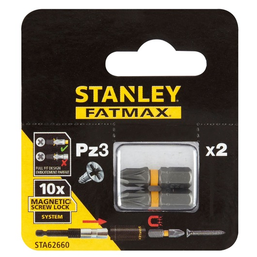 STANLEY STA62660 screwdriver bits Pz3 x2 in retail packaging, Fatmax series, front view on white background.