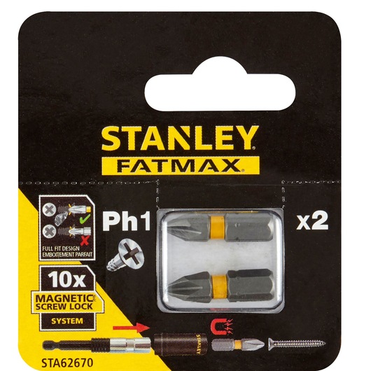 STANLEY STA62670 FATMAX screwdriver bits Ph1 x2 front view in retail packaging, black and yellow.