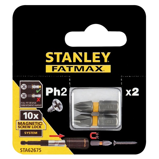 STANLEY STA62675 photography of two FATMAX PH2 screwdriver bits with magnetic screw lock system in retail packaging.