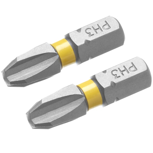 STANLEY STA62680 set of two PH3 Phillips screwdriver bits with yellow band, side angle on white background.