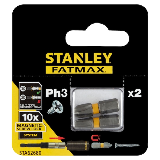 STANLEY STA62680 screwdriver bits set, PH3, 2 pieces, Fatmax Magnetic Screw Lock packaging, front angle