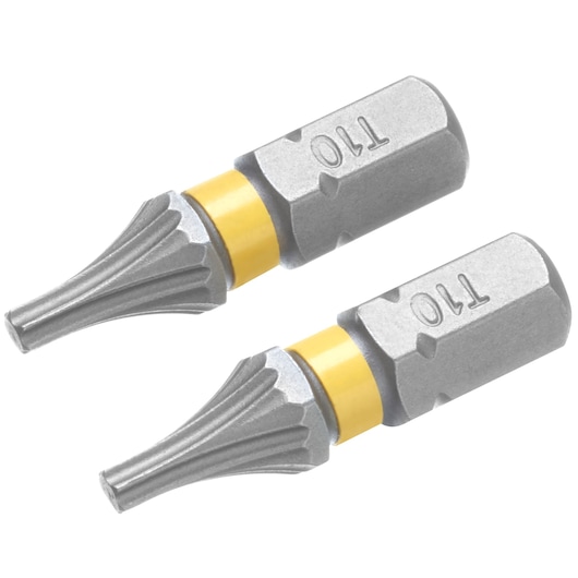 STANLEY STA62700 screwdriver bits set, two silver and gold fluted bits, close-up angle on white background.
