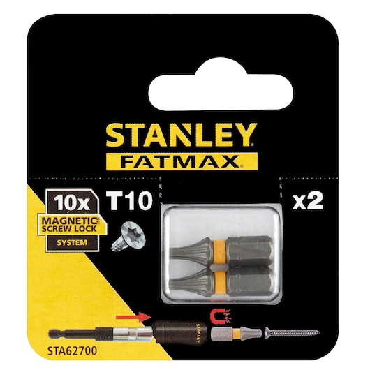 STANLEY STA62700 T10 Fatmax magnetic screw lock system photography of two screwdriver bits in packaging, front view.