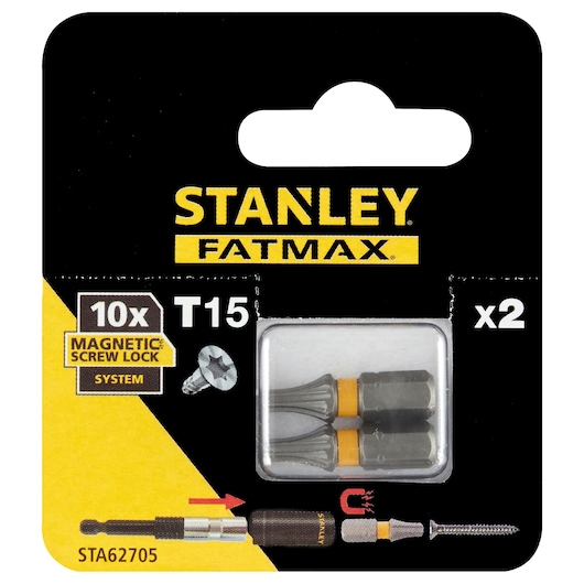 Photo of STANLEY FATMAX STA62705 T15 magnetic screw lock system bits, pack of 2, front packaging view.