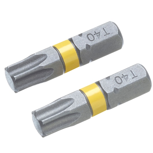 STANLEY STA62725 Torx T40 screwdriver bits with yellow band, set of two, front angle photo.