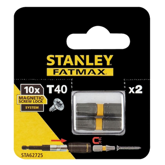 STANLEY STA62725 T40 FatMax magnetic screw lock bits, set of two, in retail packaging, front angle.