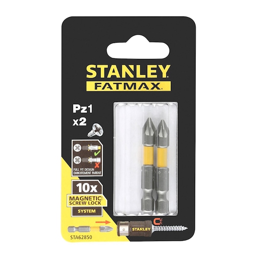 STANLEY STA62850 screwdriver bits pack, Fatmax Pz1 x2, front angle, yellow and black packaging.