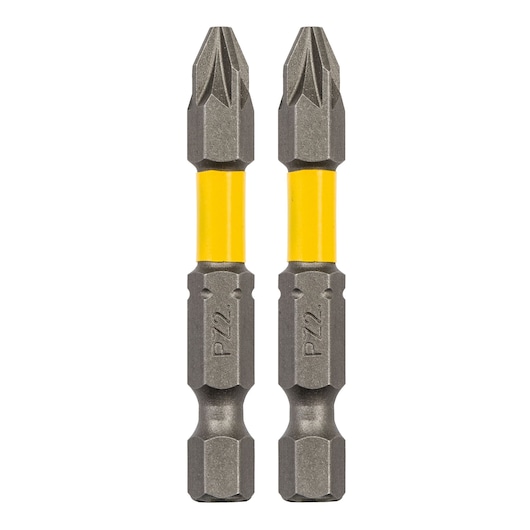 STANLEY STA62855 screwdriver bits, set of two, Pozidriv PZ2, yellow band, front angle photo.