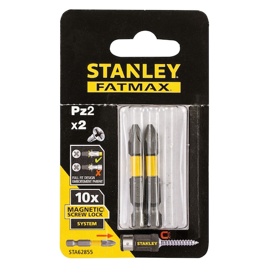 Photo of STANLEY STA62855 screwdriver bits set, 2 PZ2 bits, FATMAX Magnetic Screw Lock System, front packaging.