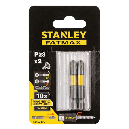STANLEY STA62865 screwdriver bit set, Pz3 x2, in retail packaging, front angle, yellow and black design.