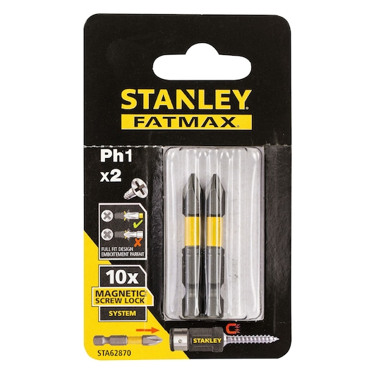 Stanley Fatmax STA62870 screwdriver bits set, Ph1 x2, front packaging photo, black and yellow.