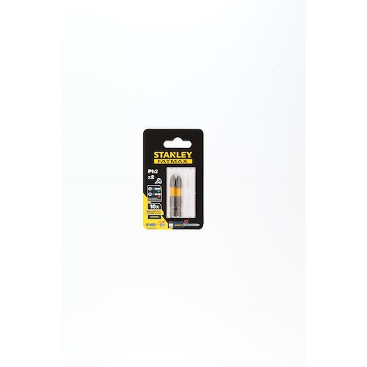 STANLEY STA62875 packaging with two silver and yellow screwdriver bits, front angle, white background.