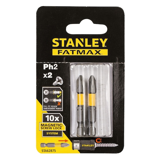 Stanley STA62875 FATMAX Ph2 x2 screwdriver bits photography, front angle on white background.