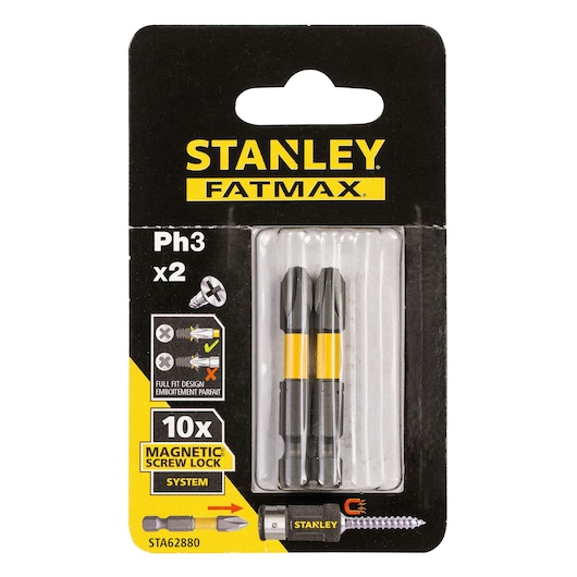 STANLEY STA62880 screwdriver bits pack, FATMAX series, two PH3 magnetic bits with yellow banding, front view on white.