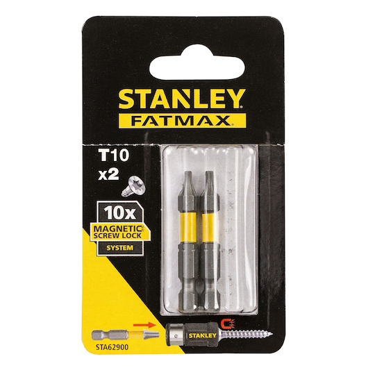 STANLEY STA62900 screwdriver bits pack, T10 size, Magnetic Screw Lock system, front angle, product photography