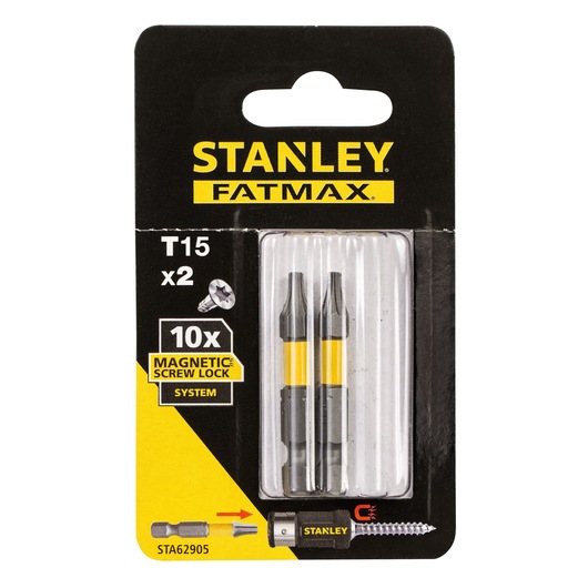 Stanley STA62905 T15 x2 magnetic screw lock system bits, front view on retail packaging.