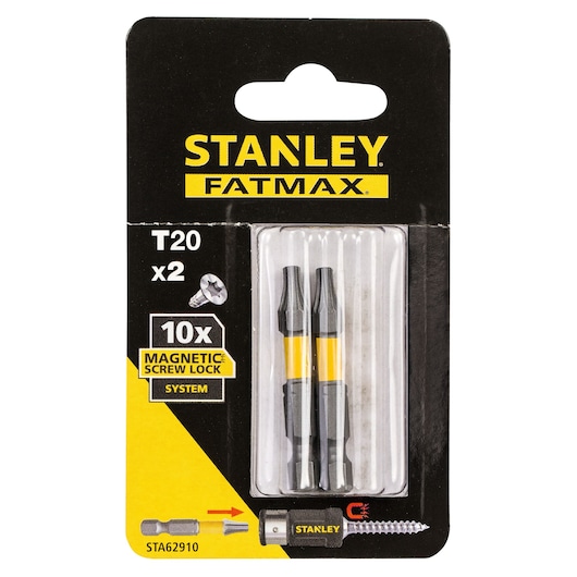 Photo of STANLEY STA62910 T20 magnetic screw lock system bits 2-pack in retail packaging, front view.