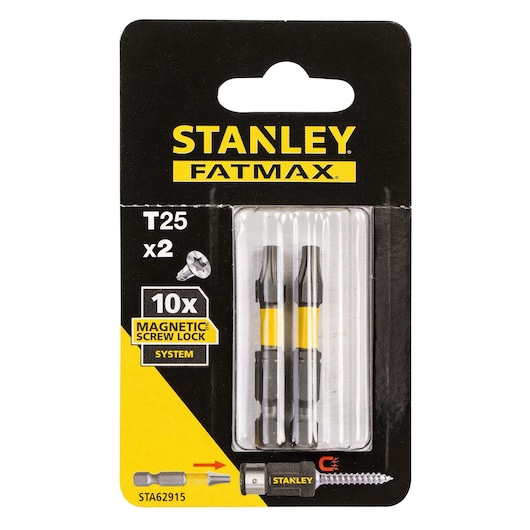 Photo of STANLEY STA62915 FATMAX T25 magnetic screw lock system, pack of 2 screwdriver bits, front packaging view.