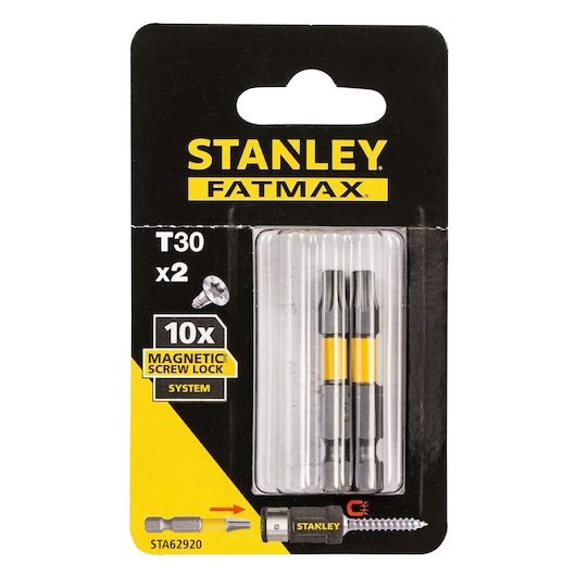 STANLEY STA62920 Torx T30 screwdriver bits, magnetic screw lock, 2-pack, front view on white background.