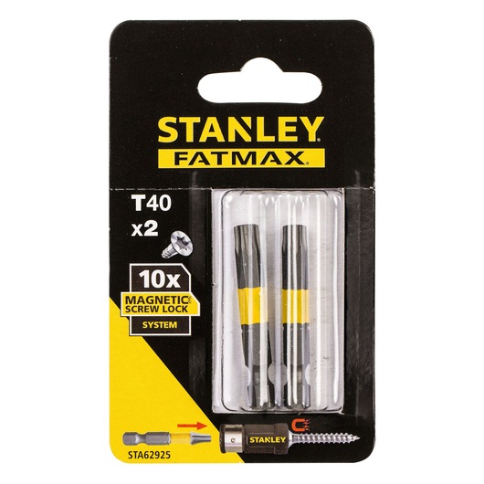 Photo of STANLEY FATMAX STA62925 magnetic screw lock T40 x2 screwdriver bits in retail packaging, front angle.