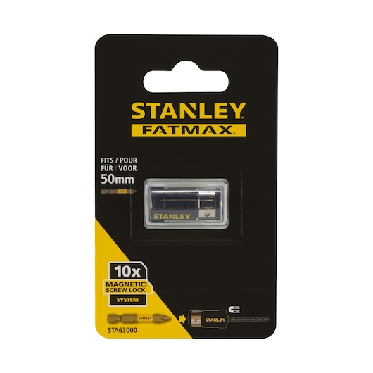 STANLEY STA63000 Magnetic Screw Lock System FATMAX bit holder, 50mm, front angle on retail packaging.