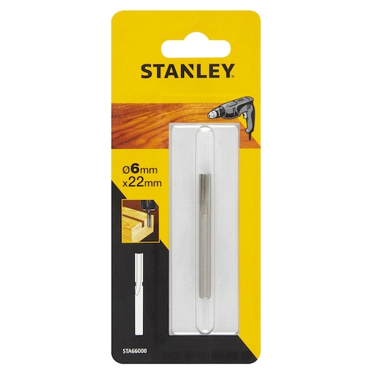 STANLEY STA66000 6mm x 22mm wood drill bit, front view in packaging.
