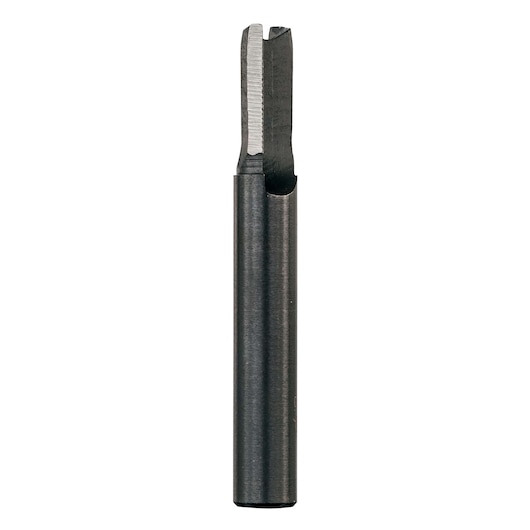 STANLEY STA66005 straight router bit, close-up front angle, silver and black metal, photography.