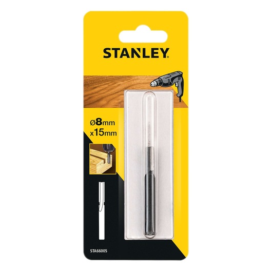 STANLEY STA66005 wood dowel drill bit 8mm x 15mm in clear blister pack, front angle.