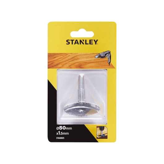 STANLEY STA66025 hole saw 50mm x 1.5mm packaged, front angle on white background.