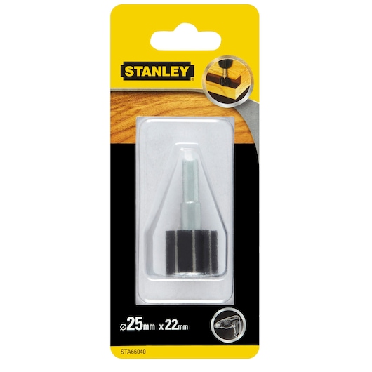 STANLEY STA66040 abrasive wheel tool, front view in packaging, black and silver, 25mm x 22mm.