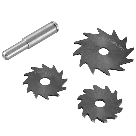 STANLEY STA66080 set with three metal cutting wheels and one mandrel, shown from top on white background.