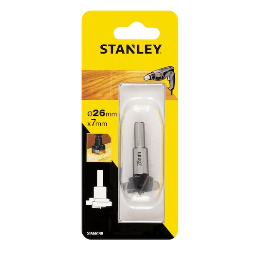STANLEY STA66140 photography of router bit 26mm x 7mm in yellow blister pack, front view.