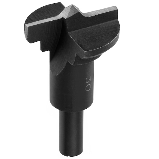 Photo of STANLEY STA66145 black steel Forstner drill bit, angled view on white background.