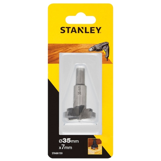 STANLEY STA66150 wood drill bit, 35mm x 7mm, in retail packaging, front angle on white background.