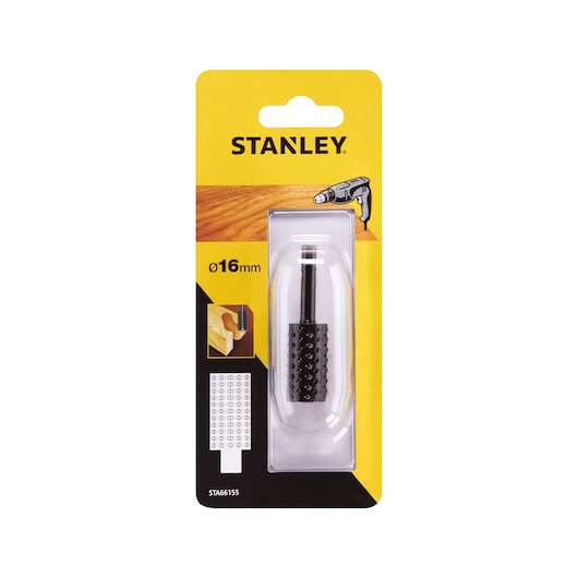 STANLEY STA66155 wood rasp drill bit, 16mm, in yellow retail packaging, front angle photo.