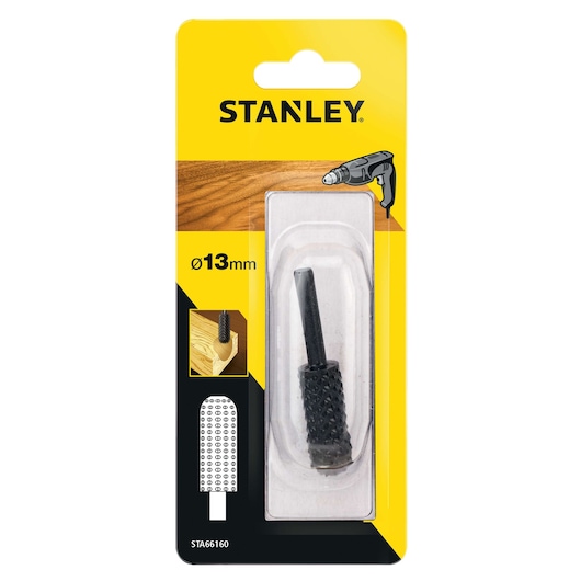 STANLEY STA66160 rotary rasp 13mm for wood, blister packaging, front view.