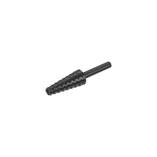 STANLEY STA66165 black rotary rasp, conical shape with textured surface, side angle photo.