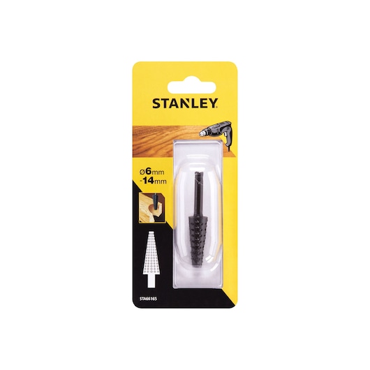 STANLEY STA66165 tapered reamer drill accessory in retail packaging, front angle, yellow and black design.