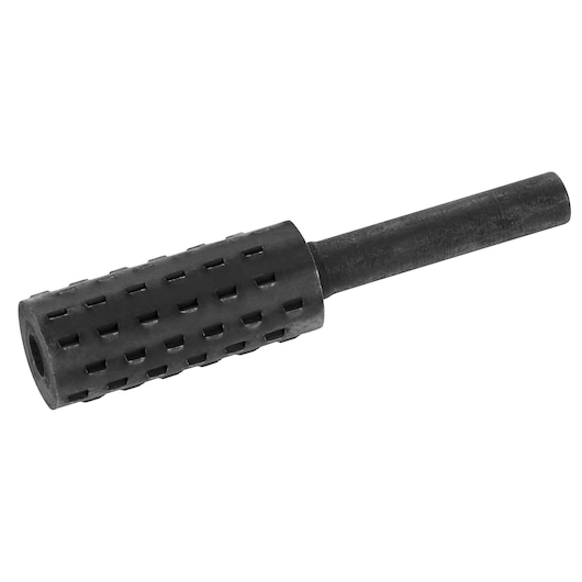 STANLEY STA66180 cylindrical black rotary rasp tool, side angle, photography on white background.