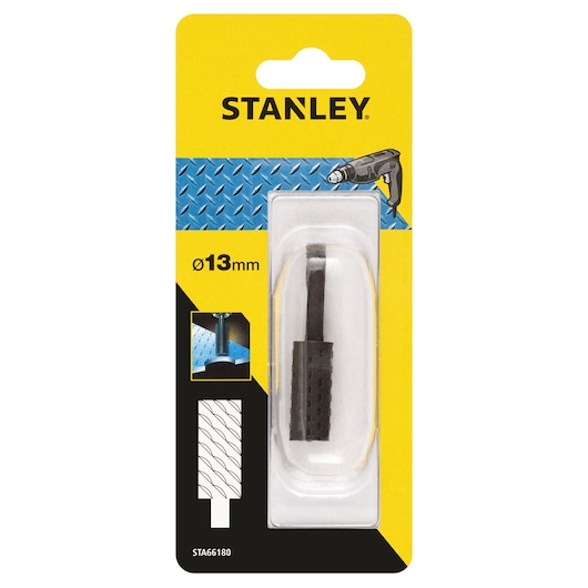 STANLEY STA66180 13mm rotary rasp for drill, black metal, in retail packaging, front angle.