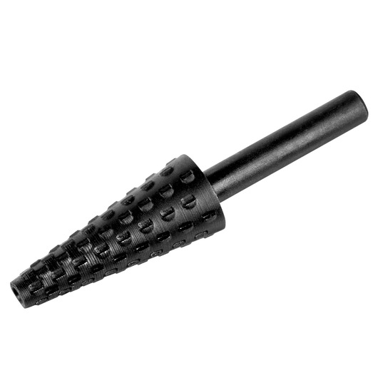 STANLEY STA66185 black rotary rasp cone, side angle, textured cutting surface, photography on white background.