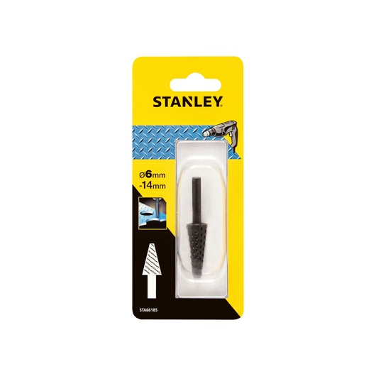 STANLEY STA66185 metal step drill bit in retail packaging, front angle on white background.