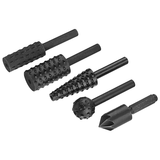 Photo of STANLEY STA66190 rotary rasp set, five black steel rotary files with textured cutting surfaces, side angle.
