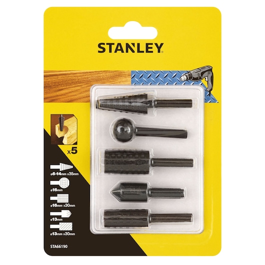 Photo of STANLEY STA66190 rotary rasp set, 5-piece wood carving accessory pack, front angle on retail packaging.