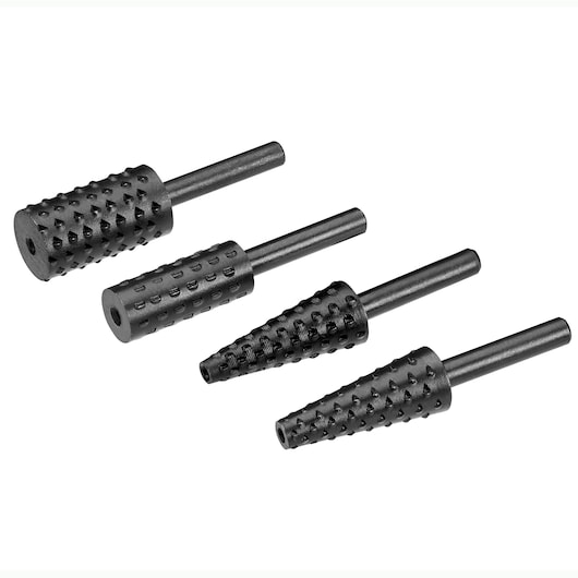 STANLEY STA66195 photography of four black rotary rasp bits with textured cylindrical and conical shapes, side view.