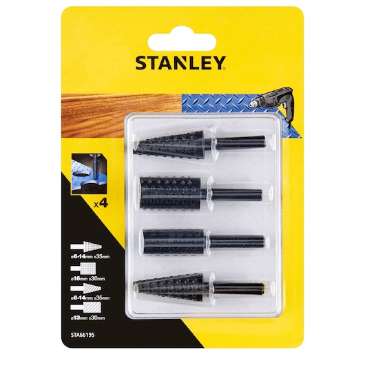 STANLEY STA66195 4-piece black rotary rasp set for drill, front packaging view.